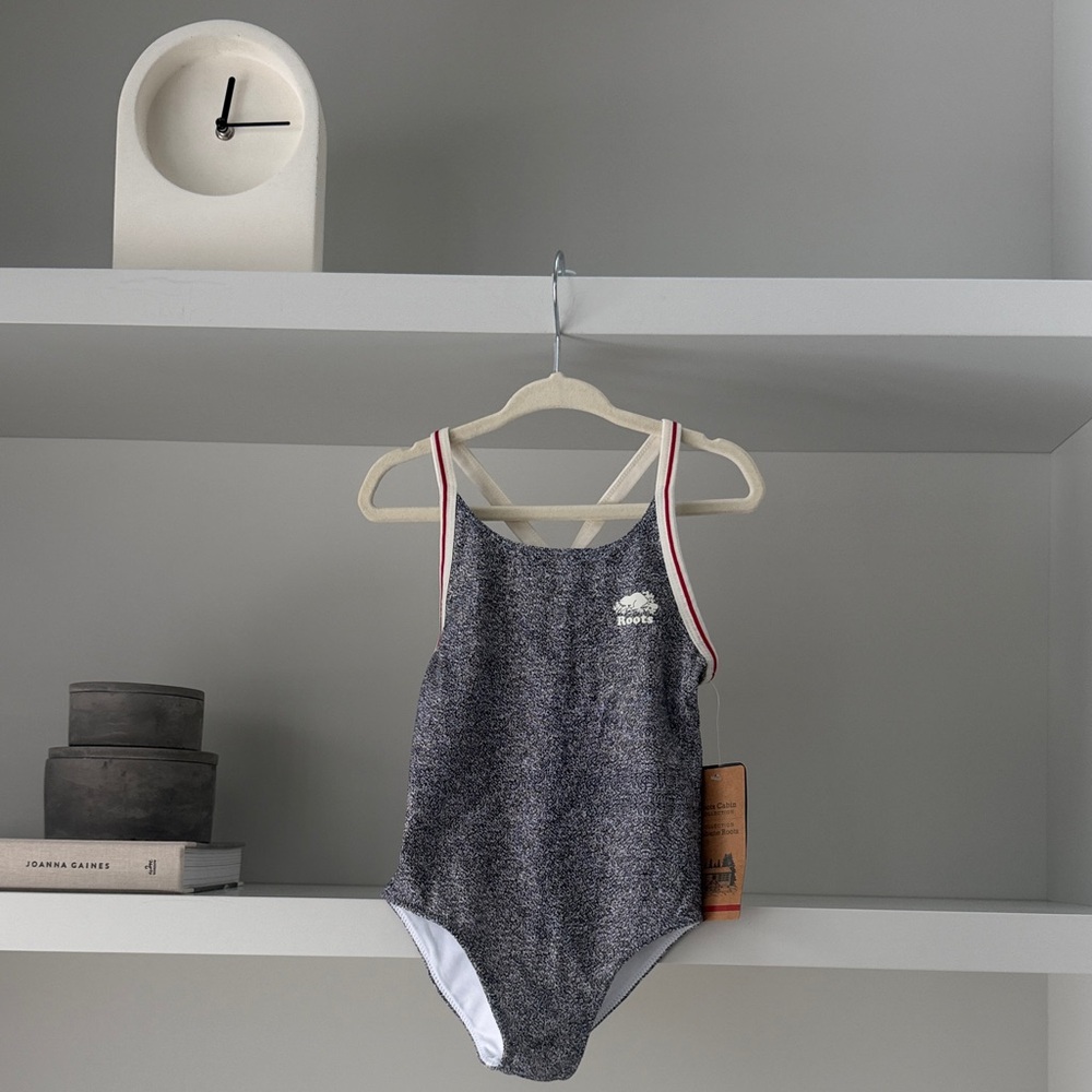 Roots Heathered Gray Swim Suit with Red-Trim Straps